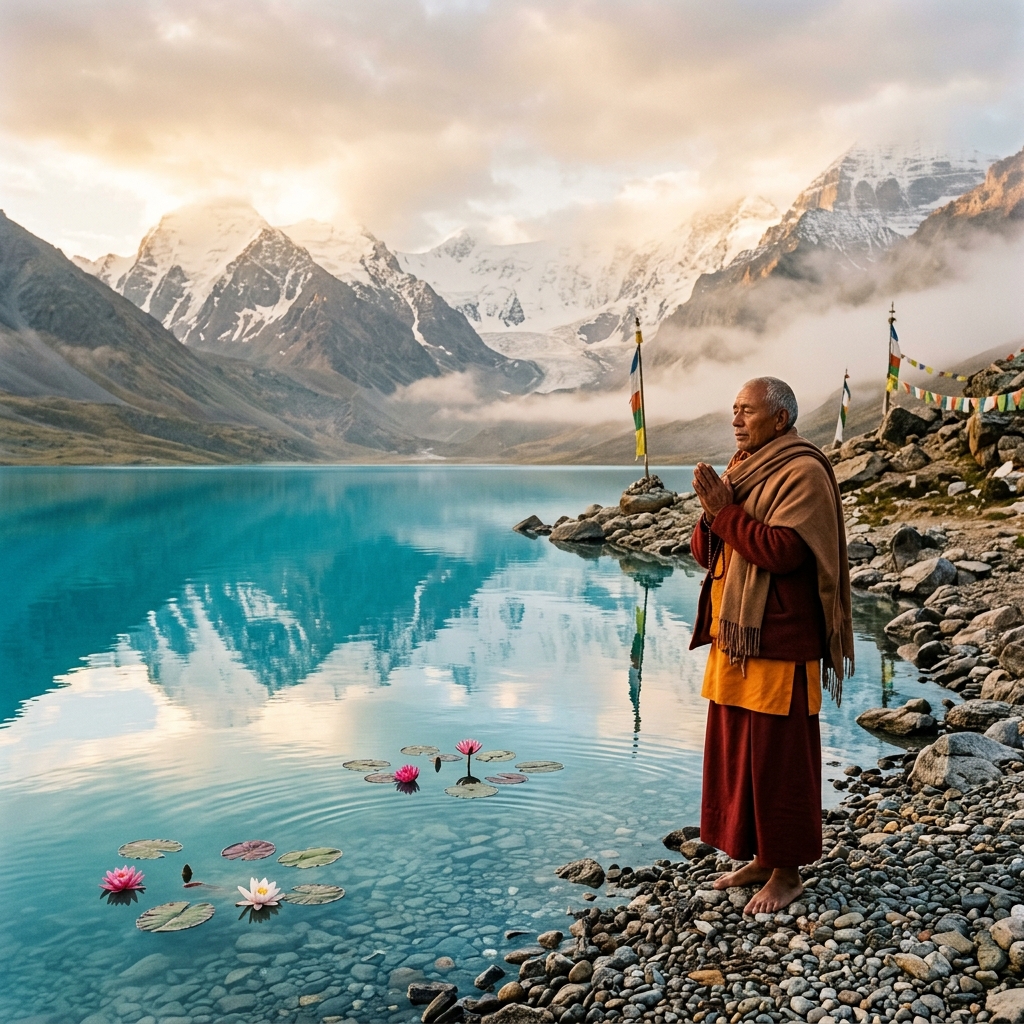 Pilgrim at sacred Mansarovar Lake